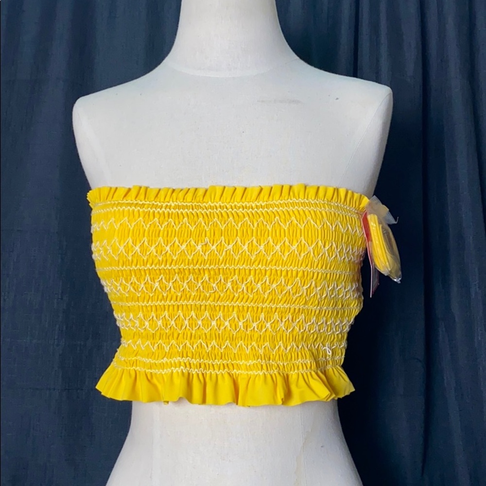 yellow baiting suit tube top with ruffles